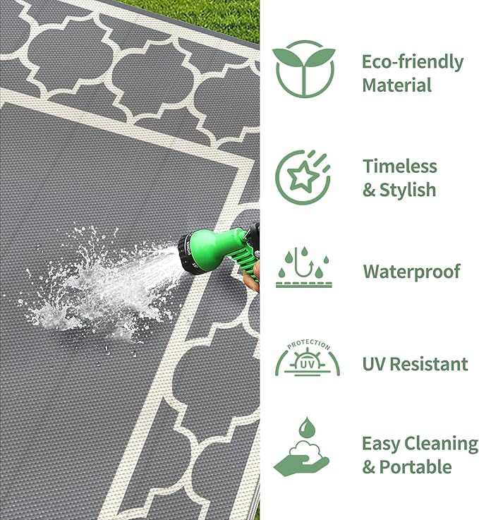 GENIMO 6' x 9' Outdoor Rug Waterproof for Patio Decor, Foldable Reversible Plastic Straw Area Rugs Mat for Camper, Outside Carpet for Rv, Deck, Porch, Picnic, Beach, Balcony, Grey & Beige White-Ruum Studio Home