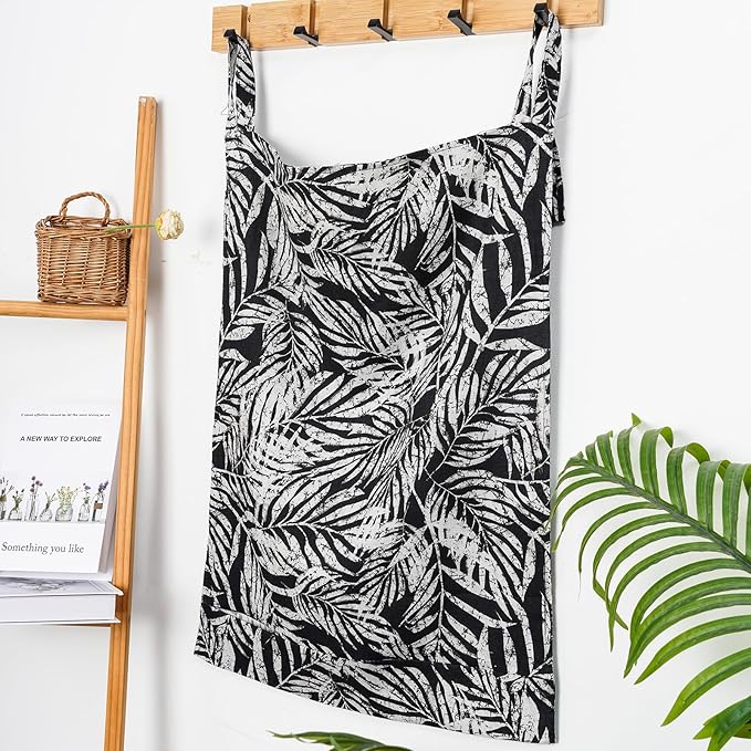 Linen Hanging Laundry Bag, 100% Linen Leaf Print Over The Door Laundry Hamper with Buttons and Zipper, Space Saving Door Hampers for Laundry Dirty Clothes Home Travel, Black, 19.7x27.5inches-Ruum Studio Home