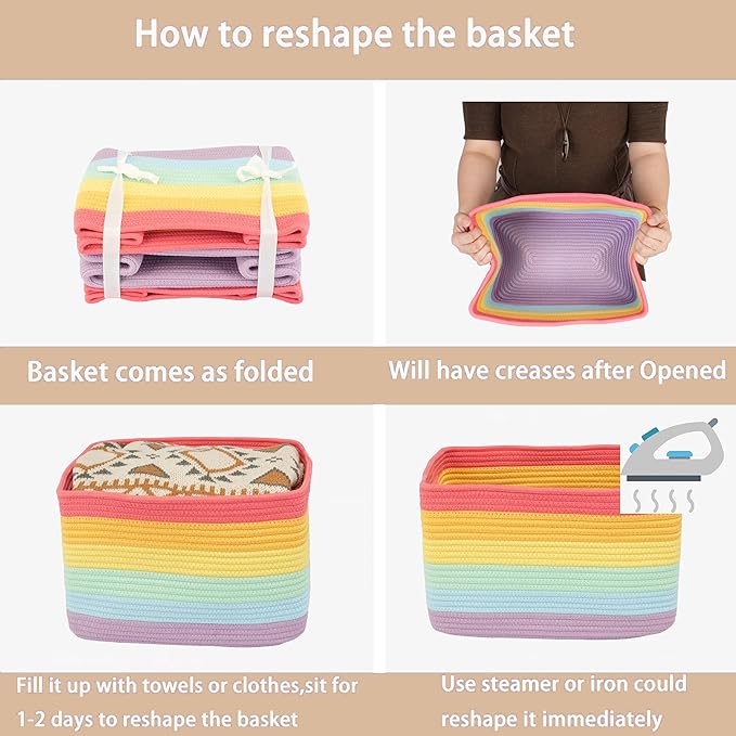 3-Pack Rainbow Storage Baskets 14.5X9.5X9.3“ – Woven Toy Organizer Bins for Kids, Baby Room, Nursery, and Classroom – Cute Square Rope Baskets for Shelves and Organization Rainbow-Ruum Studio Home