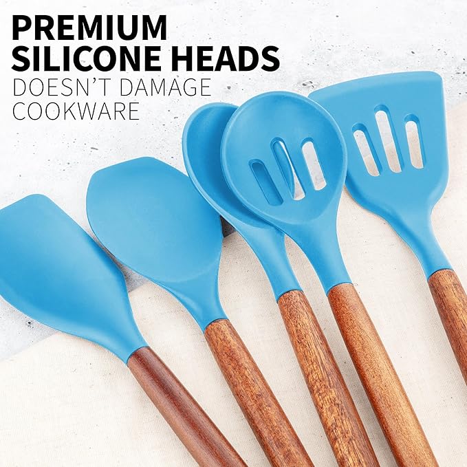 Zulay Kitchen Non-Stick Cooking Utensils Set with Authentic Acacia Wood Handles – 5-Piece Durable & Stylish Silicone Kitchen Utensils Set – Heat Resistant to 464°F – Blue-Ruum Studio Home