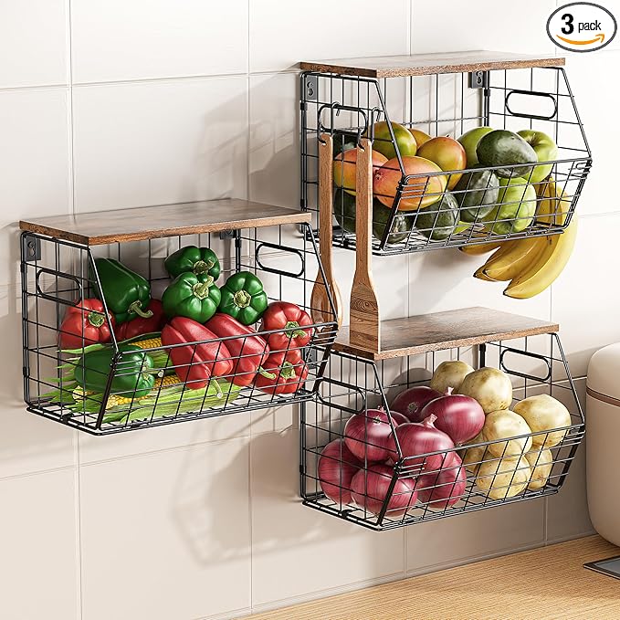 Delamu 3 Pack Stackable Metal Fruit Basket with Wood Lid-Wall Mounted&Countertop Organizer for Kitchen,Pantry- Ventilated Storage for Onions,Potatoes,Fruits,Spices,Black-Ruum Studio Home