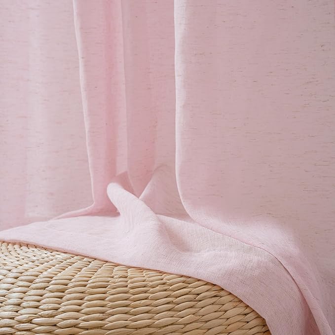 FMFUNCTEX Linen Sheer Curtains for Bedroom, Pink Curtains 96 inches Long for Living Room, Blush Pink Farmhouse French Flax Blend Window Draperies, Rod Pocket 2 Panels Set-Ruum Studio Home