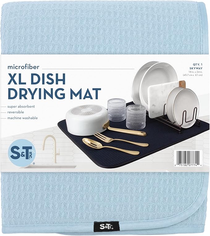 S&T INC. Dish Drying Mat XL, 18” x 24”, Absorbent Microfiber Kitchen Counter Mat, Dish Drying Pad for Dishes, Utensils, Pots and Pans, Extra Large, Sky Blue-Ruum Studio Home
