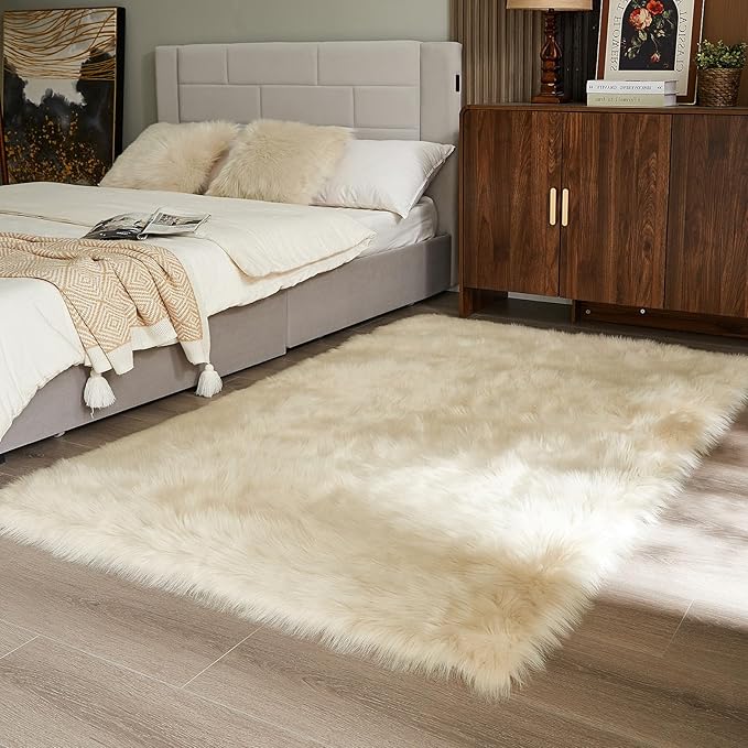 AMTOVO Faux Fur Sheepskin Rug for Living Room, 4 x 6 ft Beige Fluffy Area Rug for Bedroom, Playroom, Luxury Room Decor, Rectangle-Ruum Studio Home