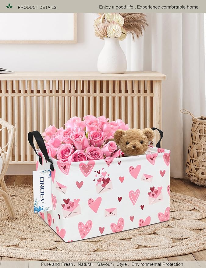 Rectangular Folding Laundry Basket,waterproof Canvas Basket,gift basket,Suitable for children's room,Office,Clothes,Toys Storage(Pink Love)-Ruum Studio Home