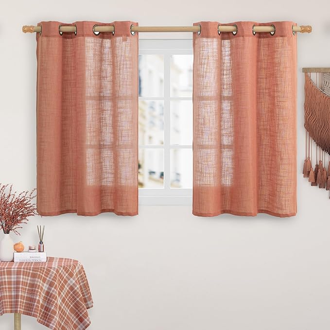 LAMIT Short Linen Curtains 40 Inch Length for Kitchen, Semi Sheer Light Filtering Window Curtains Farmhouse Boho Bronze Grommet Panels for Cafe/RV Camper, Terracotta, 2 Panels, 34 x 40 Inch-Ruum Studio Home