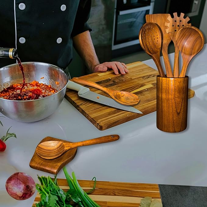 Wooden Spoons for Cooking - 8 Piece Natural Teak Kitchen Utensil Set Non Toxic - Teak Wooden Utensils with Spoon Rest and Holder-Ruum Studio Home