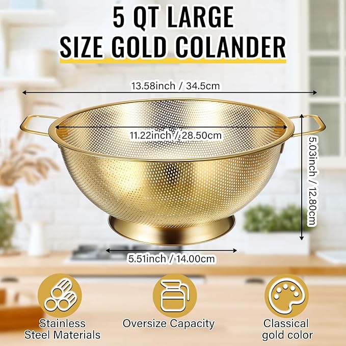 Norme 5 Quart Stainless Steel Gold Colander and 3 Pcs Gold Fine Mesh Strainer, Stainless Steel Pasta Rice Food Metal Strainer with Handles, Easy Clean and Dishwasher Safe-Ruum Studio Home