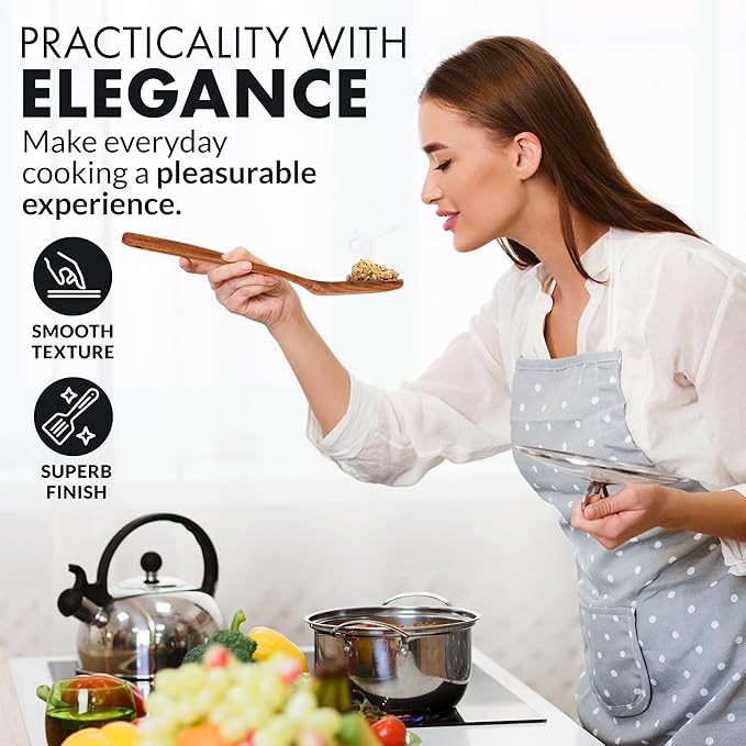 Zulay Kitchen Extra-Large 6-Piece Wooden Spoon Set - Smooth Teak Cooking Utensils - Comfort-Grip Non-Stick Turner, Spatula, Skimmer, Fork, Serving Spoon-Ruum Studio Home