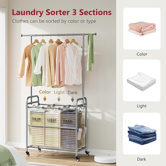 Tajsoon Laundry Hamper with Hanging Rack, 3 Section Laundry Sorter with Heavy Duty Lockable Wheels, Laundry Basket Organizer for Dirty Clothes Storage, 3 Beige-Ruum Studio Home