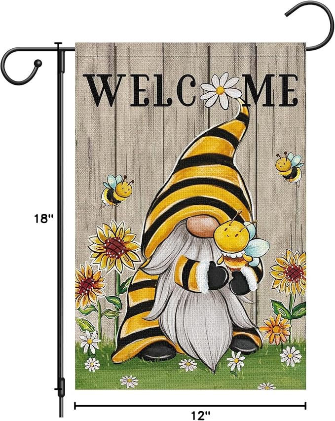 Welcome Summer Gnome Garden Flag Spring Summer Bee Sunflower Yard Flag 12x18 Double Sided Burlap Daisy House Flag for Rustic Seasonal Outside Outdoor House Decoration (ONLY FLAG)-Ruum Studio Home