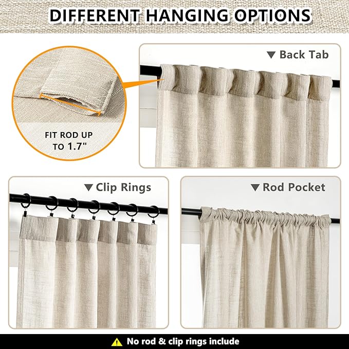 MYSKY HOME Boho Curtains Farmhouse Living Room Curtain Drapes, Light Filtering Semi Soft Cotton Blend Sheer Window Treatments for Sliding Glass Door Doorways, 50" x 90", Light Oatmeal, Set of 2-Ruum Studio Home