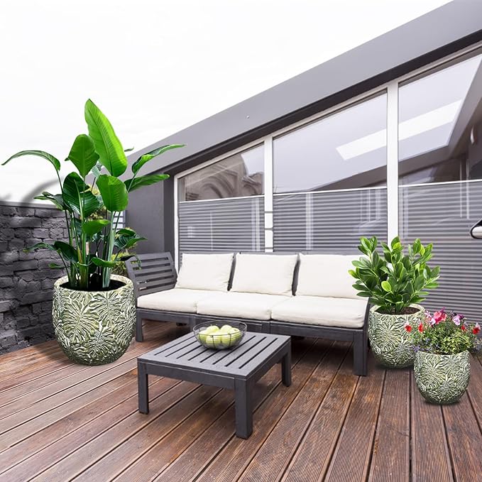 Craft flowerpots 18"+13"+19" Dia Round Concrete Planter Set of 3 Large Outdoor/Indoor Planter Pots Containers with Drainage Holes and Rubber Plug for Home Garden (Green, Large)-Ruum Studio Home