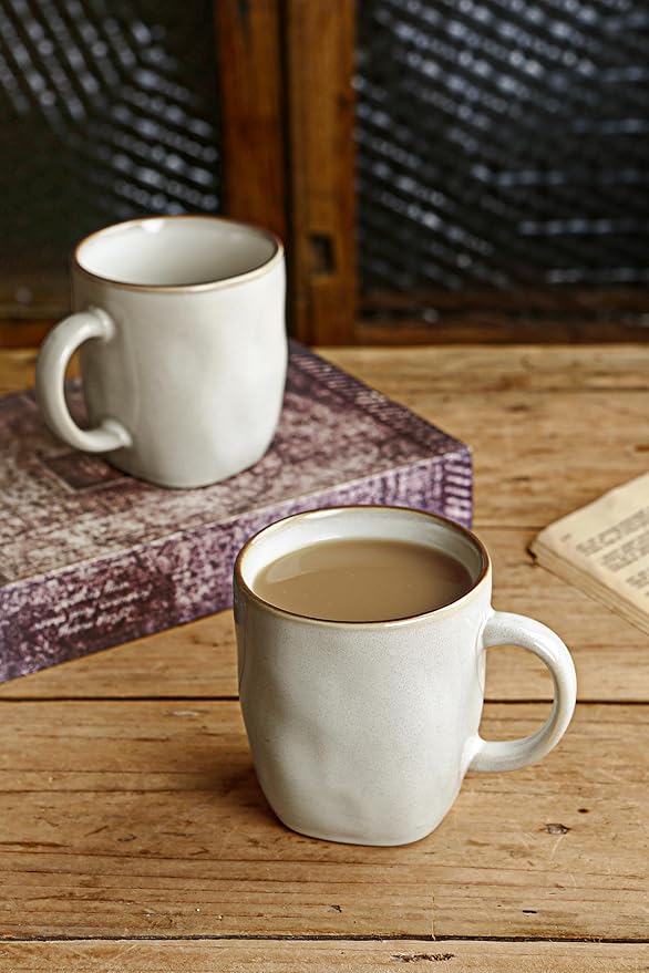 famiware Coffee Mugs Set of 4, Ocean Square 13oz Coffee Cup Set with Handle for Cocoa, Milk, Hot Chocolate, Stoneware Cups for Kitchen, Reactive Glaze, Microwave and Dishwasher Safe, Cappuccino White-Ruum Studio Home