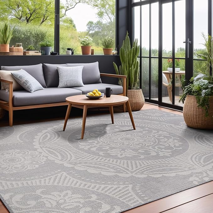 Medallion Outdoor Rug 8x10 Washable Outside Carpet for Indoor Patio Porch Waterproof Easy Cleaning Non Shedding Area Rugs Gray 8 x 10-Ruum Studio Home