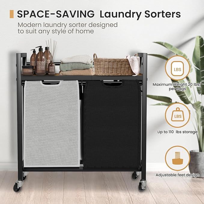 Laundry Hamper, Laundry Basket, Laundry Sorter with 2 Removable Bags, Clothes Basket with 2 Compartments, Wheels, Shelf for Laundry Room Bathroom Bedroom (2 Bags-Black Grey)-Ruum Studio Home