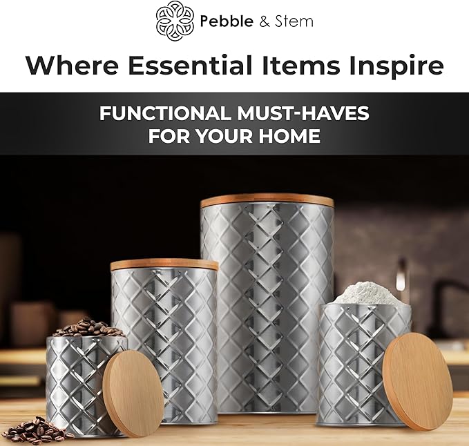 Pebble & Stem® Silver Stainless Steel Canister Set for Kitchen Counter, Food-Grade Canister Set of 4, Airtight Lids, Sugar and Flour Containers for Countertop, Coffee and Tea Storage, Farmhouse Decor-Ruum Studio Home