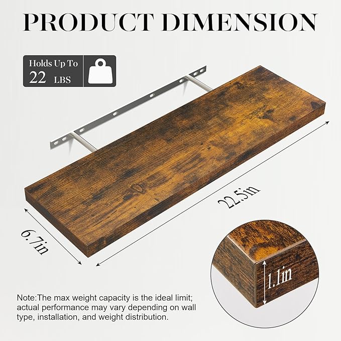 BAYKA Floating Shelves for Wall, 22.5 inches Wall Mounted Rustic Wood Shelves for Bathroom, Bedroom, Living Room, Floating Shelves for Books/Storage/Decor(Rustic Brown,Set of 3)-Ruum Studio Home