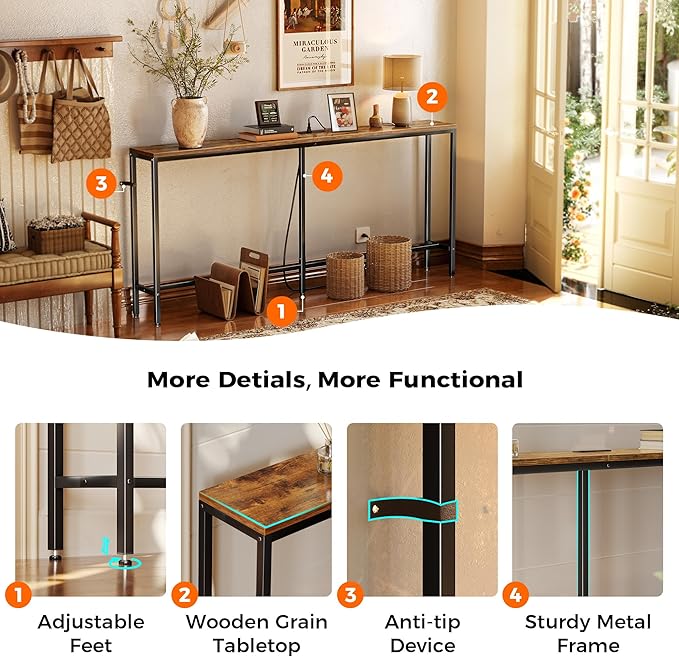 SUPERJARE 70 Inch Console Table with Outlet, Sofa Table with Charging Station, Narrow Entryway Table, Skinny Hallway Table, for Living Room, Rustic Brown-Ruum Studio Home