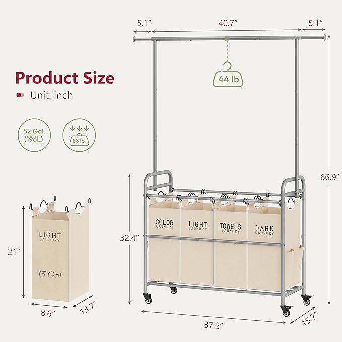 Tajsoon Laundry Hamper with Hanging Rack, Laundry Sorter 4 Sections, 4 Basket Butler with Lockable Wheels and Removable Bag, Rolling Laundry Cart for Bedroom, Beige-Ruum Studio Home