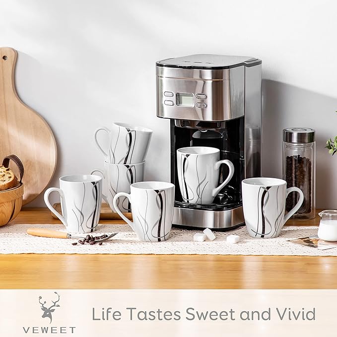 VEWEET Ceramic Coffee Mugs Set of 6, 11 OZ Coffee Cups Set with Handle, White Mugs Set Porcelain Cup Set for Kitchen, Microwave Dishwasher Safe, Series Fiona-Ruum Studio Home