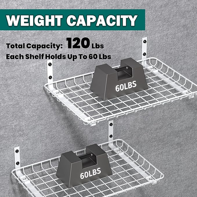EVERHANGER Garage Wall Shelves 12x18 Inch, Wall Mounted Storage Shelf, Metal Shelf Rack, Heavy-Duty Shelf Organizer 2 Pack, White-Ruum Studio Home