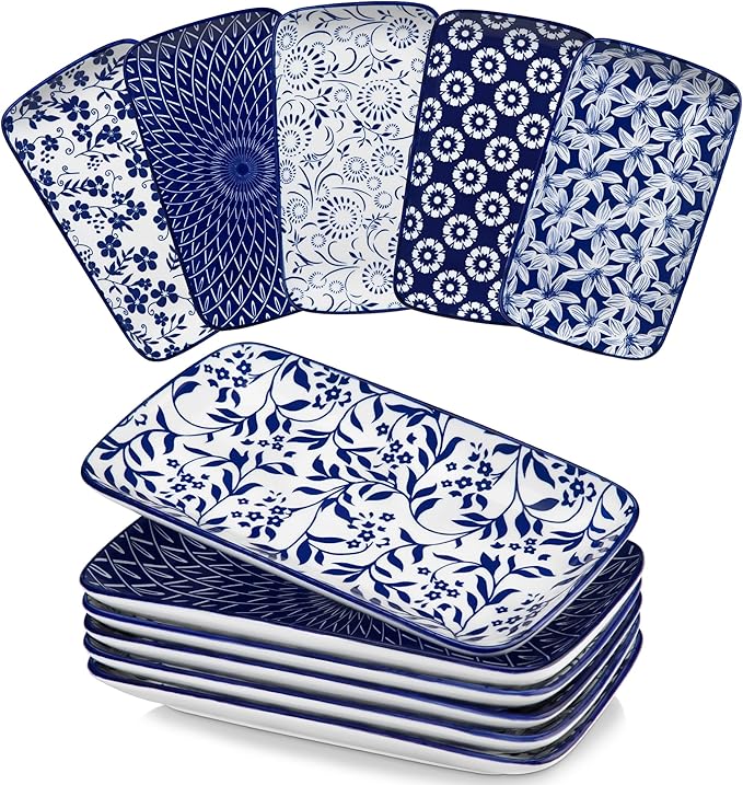 vancasso Selene 9.5 Inch Rectangular Dinner Plates Set of 6, Ceramic Salad Plates for Dessert, Appetizer, Porcelain Serving Platters for Entertaining, Microwave & Oven Safe, Vintage Blue & White Color-Ruum Studio Home