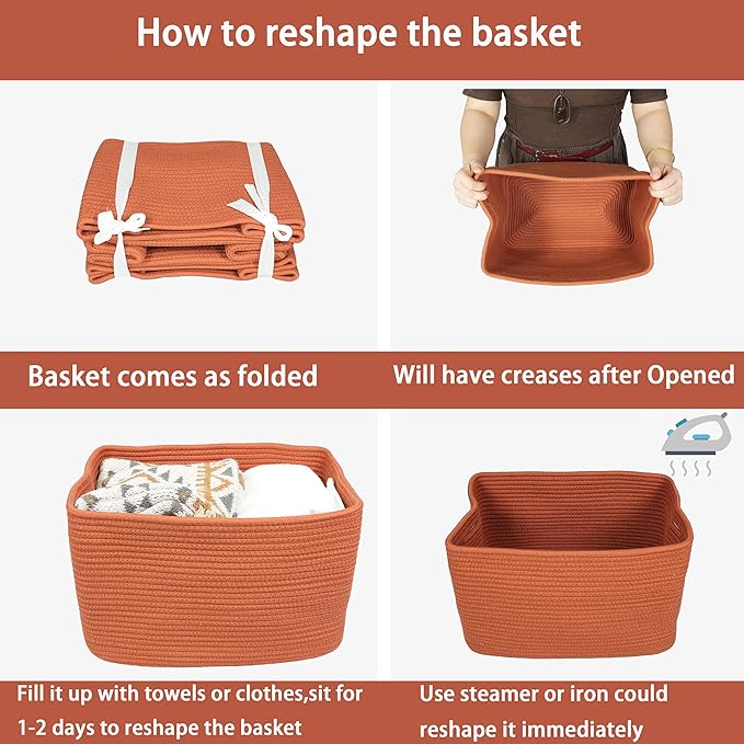 Cotton Rope storage Basket Bins Woven Basket for Organizing Shelves Rectangle Decorative Baskets For storage Clothes Toys Books Towels Square Wicker Nursery basket organizer 3 pack Rust-Ruum Studio Home