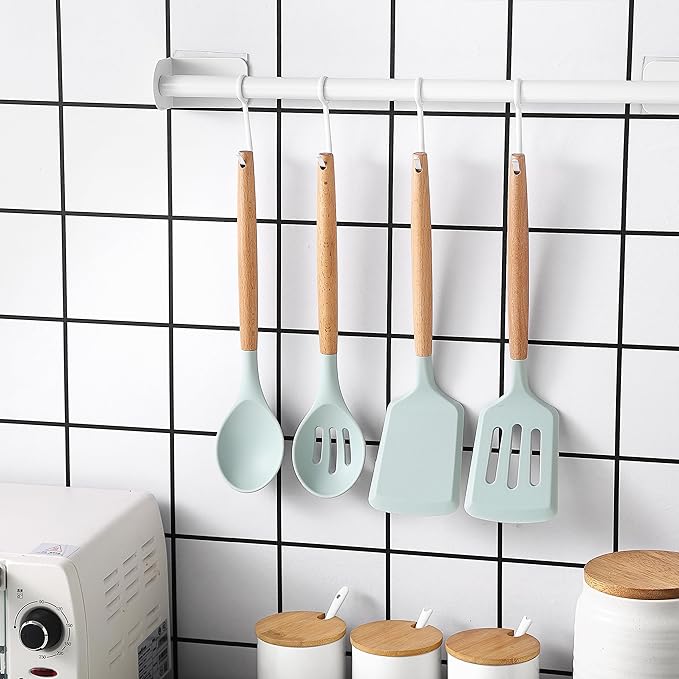 Country Kitchen Non Stick Silicone Utensil Set with Rounded Wood Handles for Cooking and Baking, 14 Piece Set, Mint-Ruum Studio Home