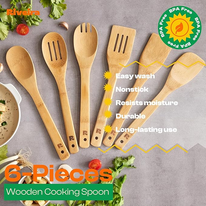 Riveira Bamboo Cooking Spoons 6-Piece – Wooden Cooking Utensils Set with Wooden Spoons for Cooking & Spatulas Wooden Utensil Sets – Premium Kitchen Utensils Set – Durable First Apartment Essentials-Ruum Studio Home