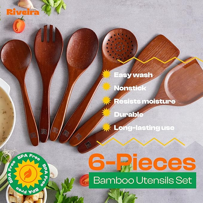 Riveira Set of 6 Premium Brown Bamboo Cooking Utensils - Bamboo Utensils for Cooking - Non-Toxic Kitchen Set - Wooden Kitchen Utensils for Non-Stick Cookware-Ruum Studio Home