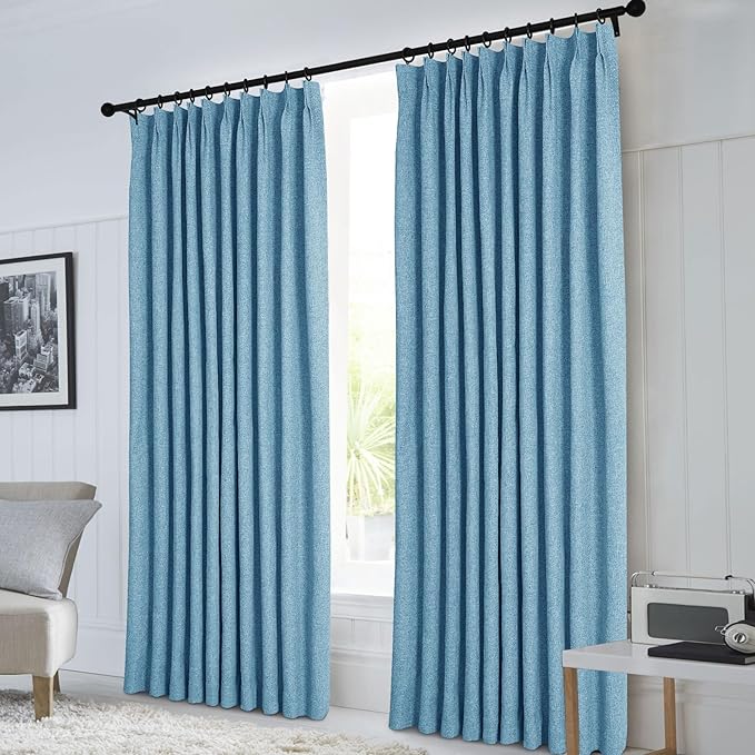 Macochico 100”Wx102”L 100% Blackout Pinch Pleated Linen Curtains for Sliding Door Bedroom Living Room Farmhouse Thermal Insulated Blue Burlap Drapes with Tieback 1 Panel Shabby Chic Style