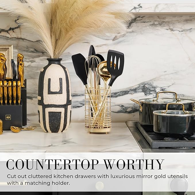 Styled Settings Black and Gold Cooking Utensils Set - 7-Piece Silicone Utensils Set Include Spatula Holder for Nonstick Cookware and Modern Kitchens - Stylish Black and Gold Kitchen Accessories-Ruum Studio Home