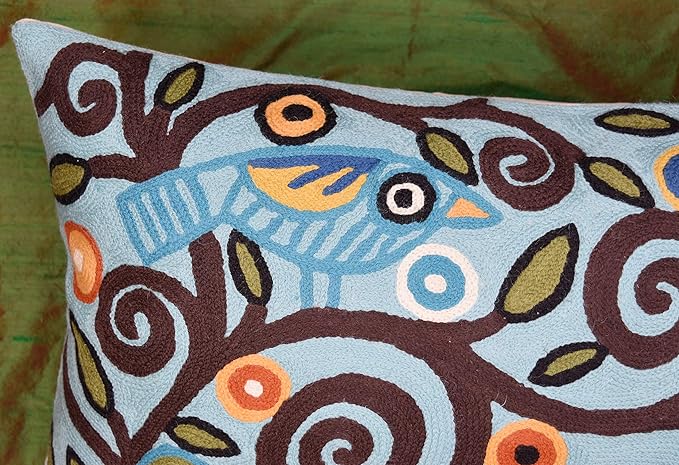 Lumbar Klimt Pillow Cover | Green Birds | Tree of Life | Modern Floral | Outdoor Pillows | Mid Century Chair Cushion | Handmade Wool Size 14x20-Ruum Studio Home