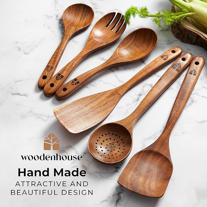 Wooden Spoons for Cooking – Wooden Kitchen Utensils Set, 6 Pcs Teak Wood Utensil Set – Comfortable Grip Non–Stick Wooden Cooking Utensils-Ruum Studio Home