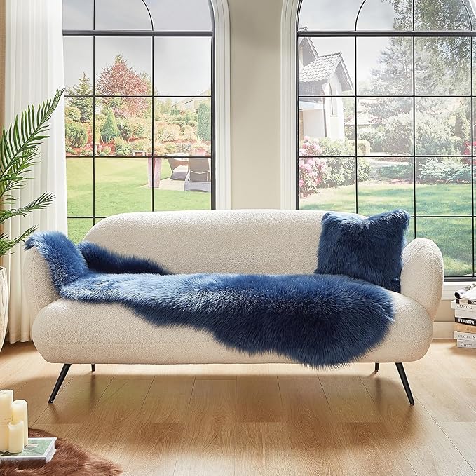 AMTOVO Faux Sheepskin Rug, Dark Blue Ultra Soft Fluffy Shag Area Rug, 2 x 6 ft Faux Fur Rug for Bedroom Sofa Throw Cushion Room Decor, Sheepskin-Ruum Studio Home
