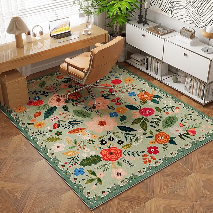 Area Rug 4x6 Rug Washable Boho Rugs Non Slip Low Pile Floral Small Carpet for Bedroom, Bedside, Kids Room, Office, Dining Room(Green)-Ruum Studio Home