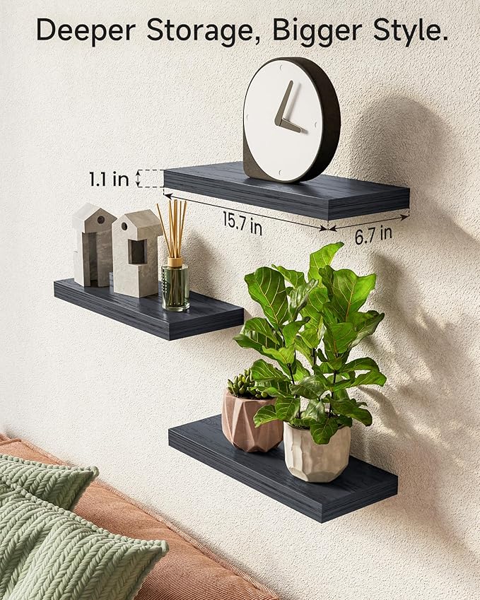 BAYKA Floating Shelves for Wall, Wall Mounted Rustic Wood Shelves for Bathroom, Bedroom, Living Room, Kitchen, Hanging Shelf for Books/Storage/Room Decor with 22lbs Capacity (Black, Set of 3, 15.7in)-Ruum Studio Home