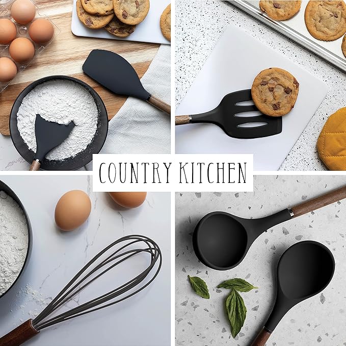 Country Kitchen Non Stick Silicone Utensil Set with Rounded Wood Handles for Cooking and Baking, 8 Piece Set, Black-Ruum Studio Home