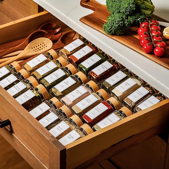Set of 24 Glass Spice Jars with Various Labels, Bamboo Shaker Lids & Funnel, Kitchen Storage Jars with Airtight Lid, Spices & Seasonings Sets Organizer, Spice Containers, Glass Jar Food Canister-Ruum Studio Home