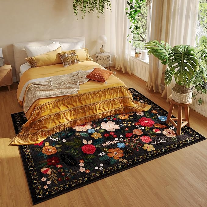 Living Room Rug 6x9 Rug Machine Washable Boho Area Rug Non Slip Floral Vintage Low Pile Large Rug for Living Room, Bedroom, Farmhouse, Dining Room, Kids Playroom(Black)-Ruum Studio Home