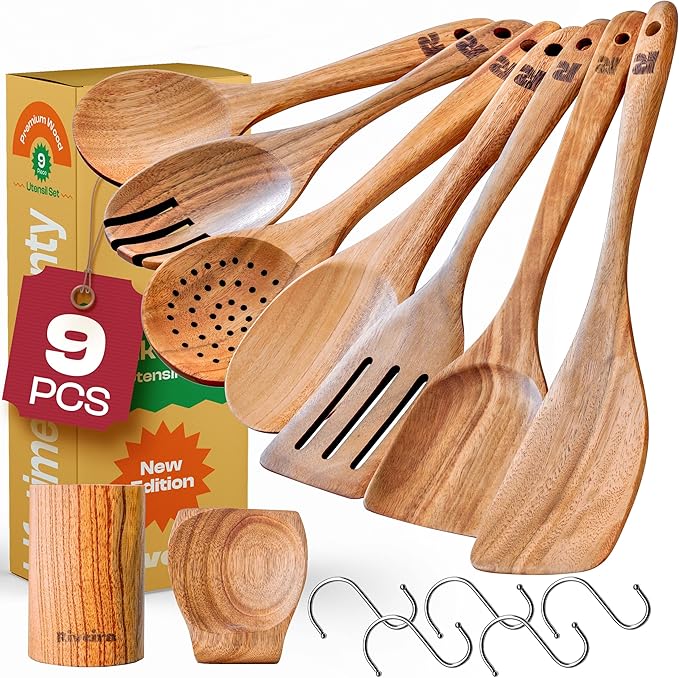 Riveira 9 Pieces Teak Wooden Spoons For Cooking – Premium & Durable Organic Teak Wooden Cooking Utensils – Non Stick Wooden Spatula For Cooking – Non Toxic Utensil Set With Holder & Spoon Rest-Ruum Studio Home