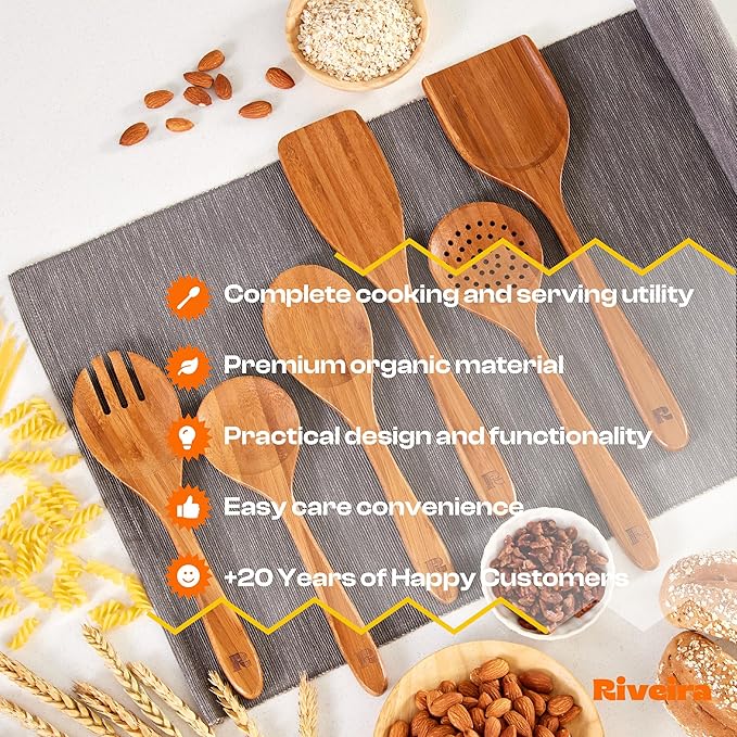 Riveira Brown Bamboo Wooden Spoons for Cooking Set of 6 – Natural Brown Bamboo Wooden Cooking Utensils, Wooden Spatula, Wooden Spoon - Premium Quality Wooden Utensil Set for Non-Toxic Cooking-Ruum Studio Home