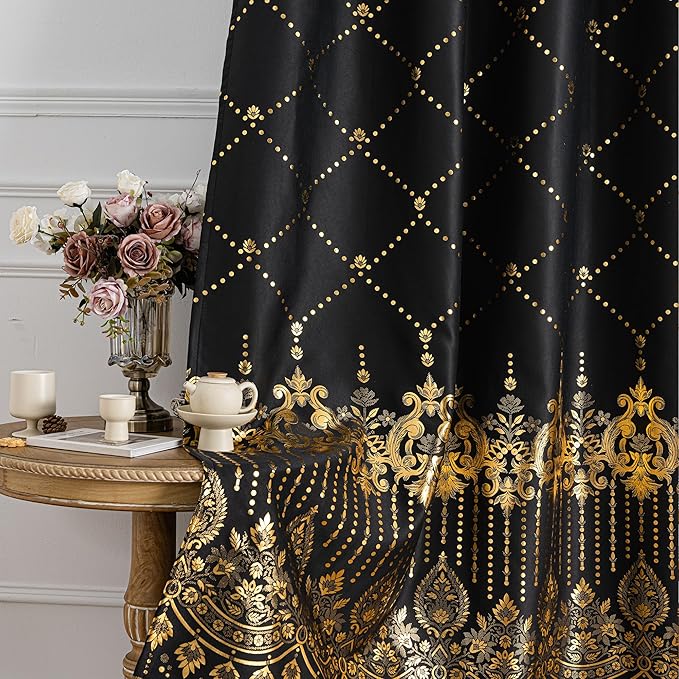 Grommets Blackout Long Window Curtains Black Gold-52W*95L 2PCS Drapes for Bedroom