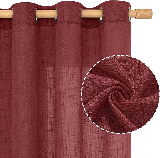 LAMIT Sheer Linen Curtains 63 Inch Length for Bedroom, Light Filtering Christmas Decor Panels Bronze Grommet Linen Textured Drapes for Living Room/Farmhouse, 2 Panels Set, 52 x 63 Inch, Burgundy Red-Ruum Studio Home