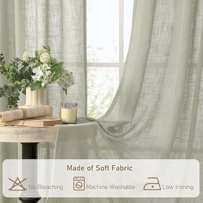 LAMIT Sage Grey Sheer Linen Curtains 54 Inch Length for Bedroom, Bronze Grommet Light Filtering Panels Neutral Drapes for Living Room/Window, 2 Panels Set, 52 x 54 Inch-Ruum Studio Home