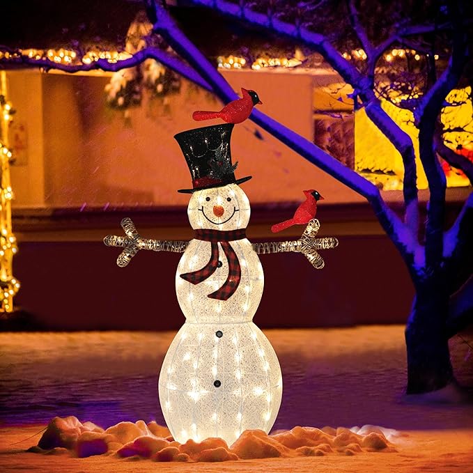 5FT Lighted Snowman with Birds for Christmas Decoration, 3D Pre-Lit Iridescent Snowman Xmas Decor with 90 LED Lights, Glittered Standing Holiday Display for Outdoor, Indoor-Ruum Studio Home
