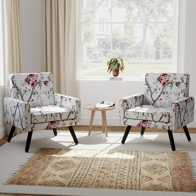 Kromax Mid-Century Modern Accent Chair Set of 2 for Living Room, 496 Lb. Weight Capacity, Dual Armrests, Comfy Extra Large Seat, Timeless Style Perfect for Reading & Relaxing, Red Floral-Ruum Studio Home