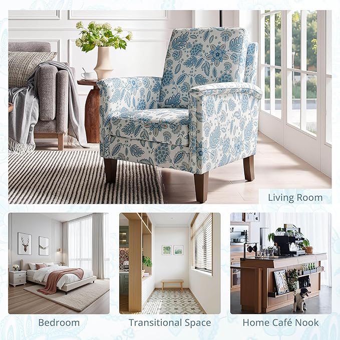 Floral Accent Chair, High Back Upholstered Armchair with Solid Wooden Legs, Padded Armrest and Removable Comfortable Cushioned Seat Single Sofa for Living Room, Bedroom, Blue-Ruum Studio Home