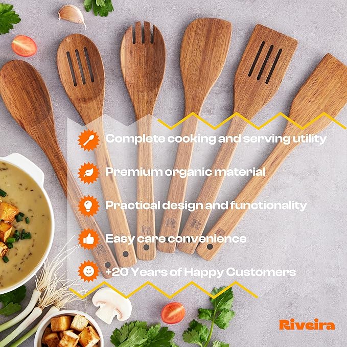 Riveira Teak Wooden Spoons for Cooking Set of 6 – Natural Teak Wooden Cooking Utensils, Wooden Spatula, Wooden Spoon - Premium Quality Wooden Utensil Set for Non-Toxic Cooking-Ruum Studio Home